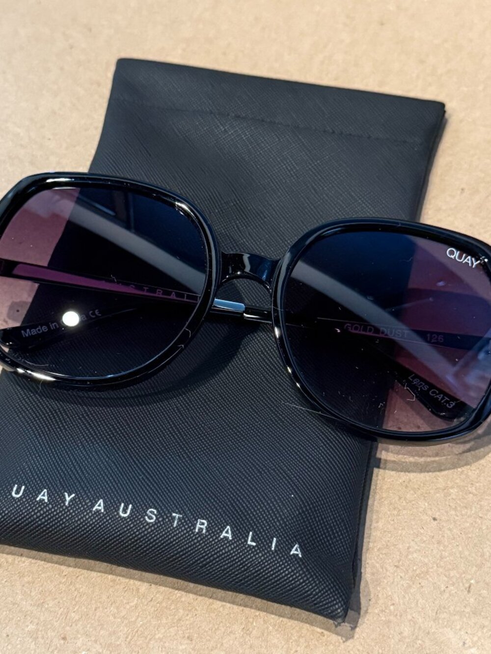Quay Australia Gold Dust 126 Oversized Square Sunglasses Black Purple Lens
